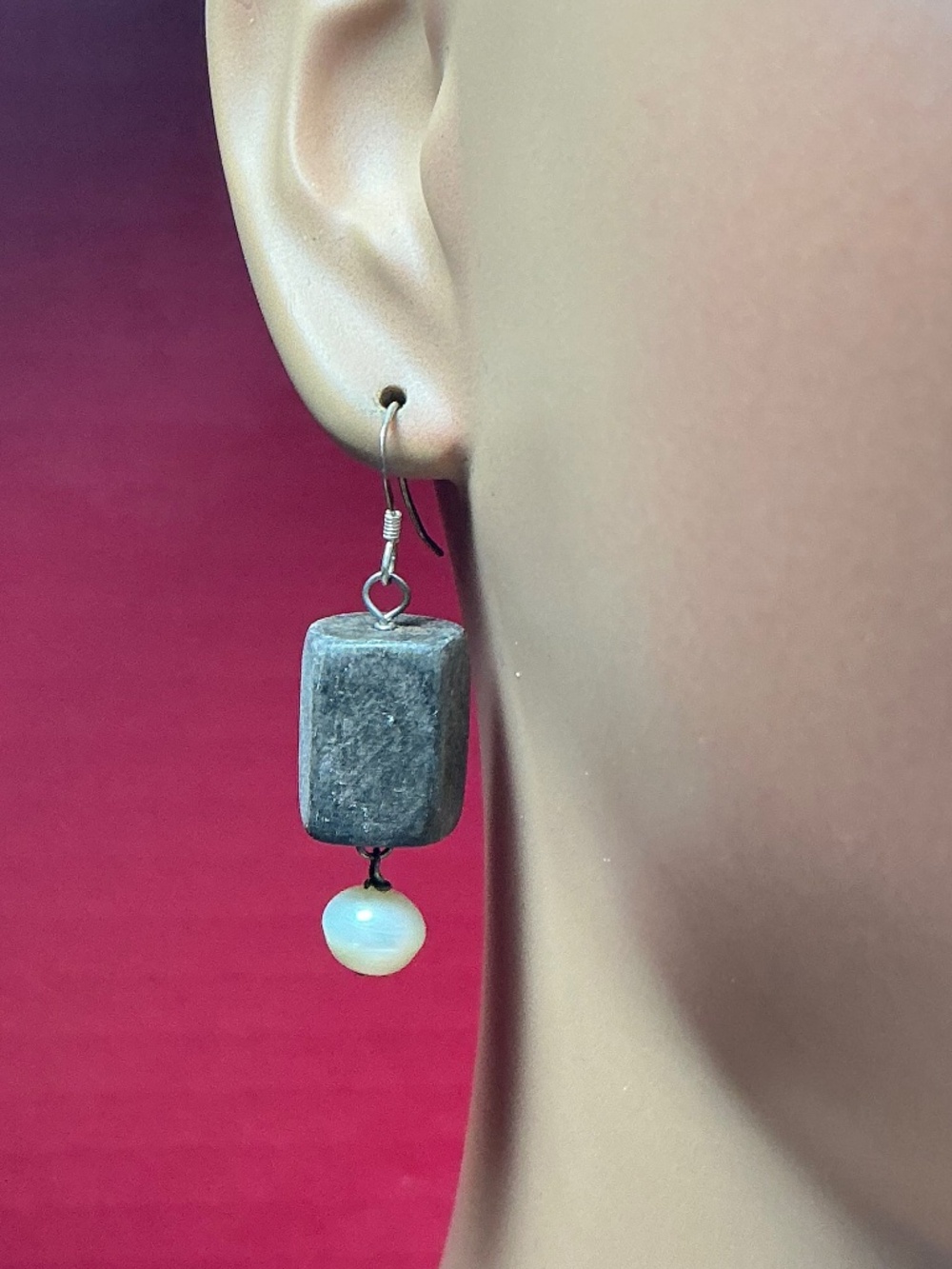 Sterling Silver Wire Dangle Earrings with a dark cube and white bead. 1.75”